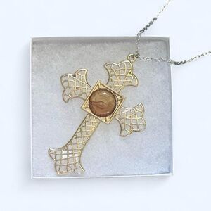 Vintage Gold and Amber Intricate Cross Pendant Necklace on 20” Silver Chain